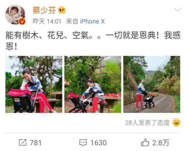 蔡少芬?guī)鹤映鲩T散步，產(chǎn)后暴瘦身材似少女